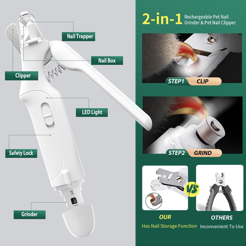 2-in-1 pet nail polisher, dog nail clipper trimmer, ultra quiet electric nail set, rechargeable, suitable for trimming toes and claws of dogs and cats of all sizes