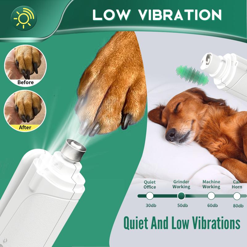 2-in-1 pet nail polisher, dog nail clipper trimmer, ultra quiet electric nail set, rechargeable, suitable for trimming toes and claws of dogs and cats of all sizes