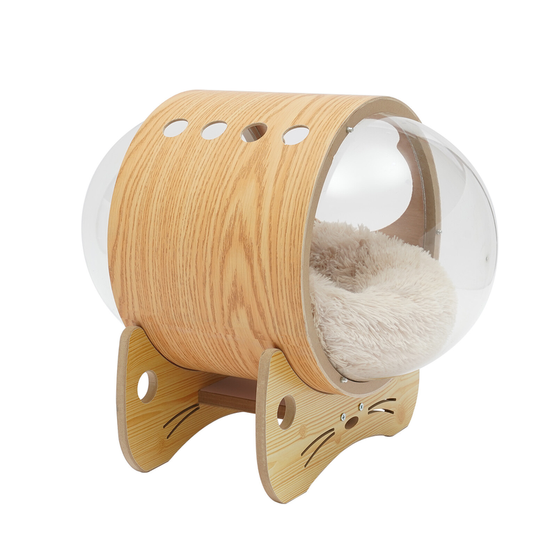 Wooden Spaceship Cat Bed House with Cushion, Modern Pet Bed 18.7lbs Capacity