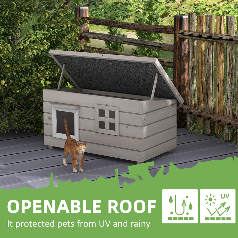 PawHut Outdoor Wooden Cat House with Openable Top, Asphalt Roof, Window, Grey