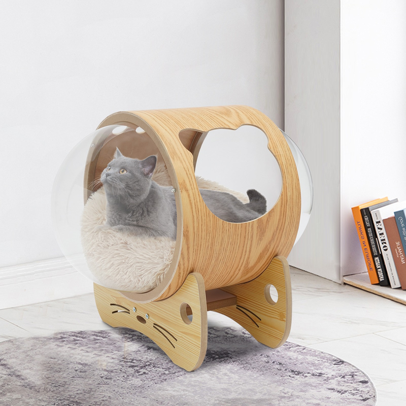 Wooden Spaceship Cat Bed House with Cushion, Modern Pet Bed 18.7lbs Capacity