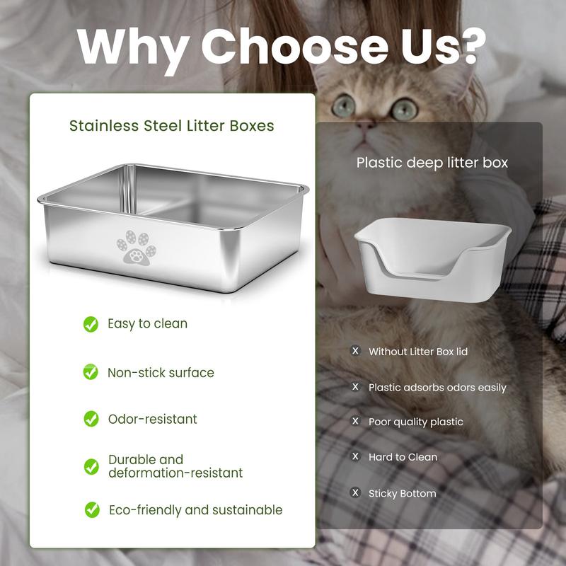 PTLOM Stainless Steel Cat Litter Box High Side, No Lid Large Space, Splash-proof Non-stick Cat Pet Supplies Paws TikTokShopSummerTurnup