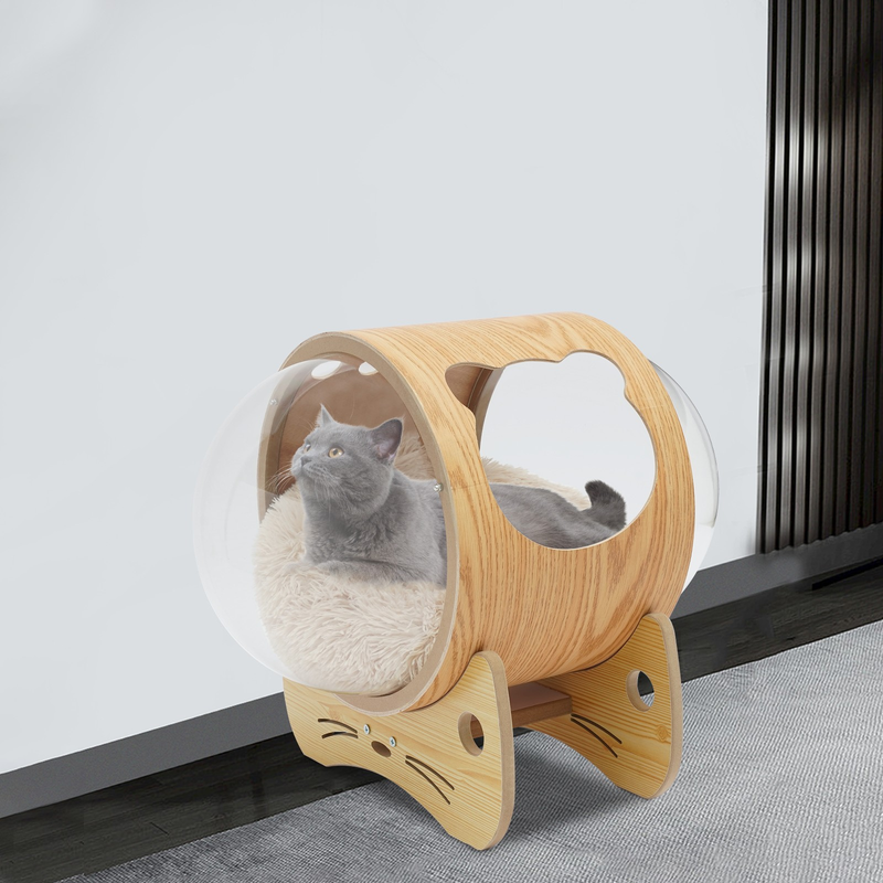 Wooden Spaceship Cat Bed House with Cushion, Modern Pet Bed 18.7lbs Capacity