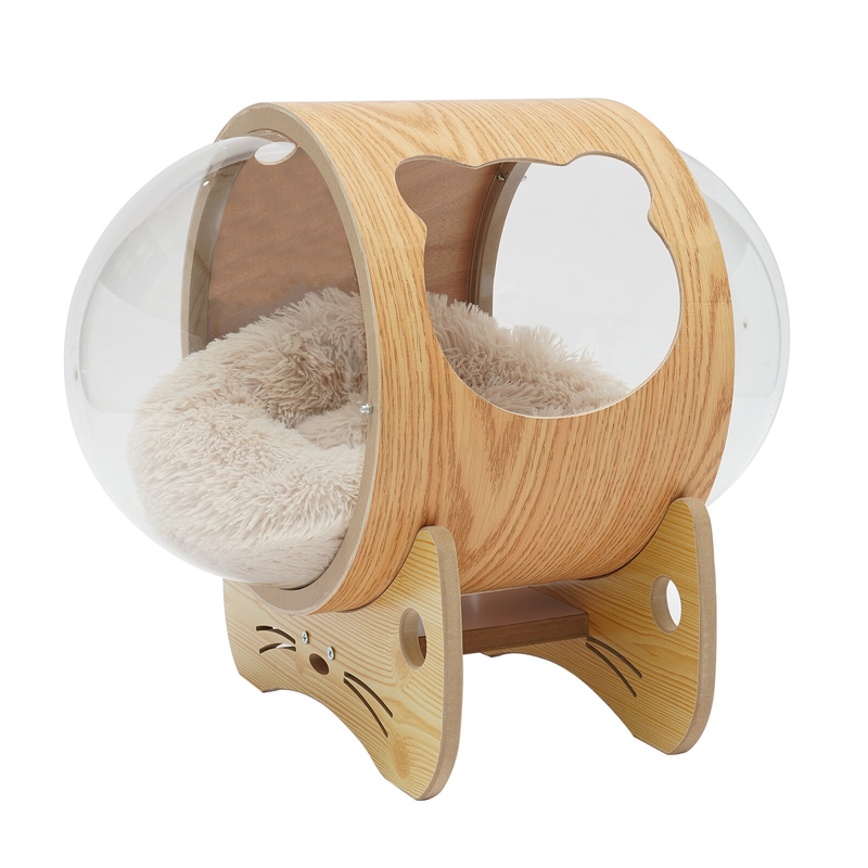 Wooden Spaceship Cat Bed House with Cushion, Modern Pet Bed 18.7lbs Capacity
