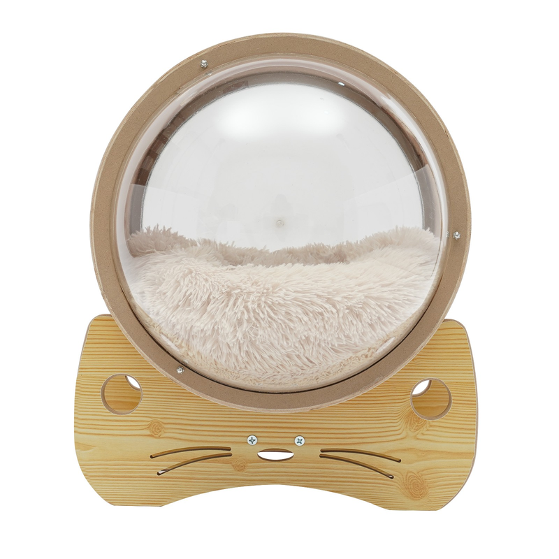 Wooden Spaceship Cat Bed House with Cushion, Modern Pet Bed 18.7lbs Capacity