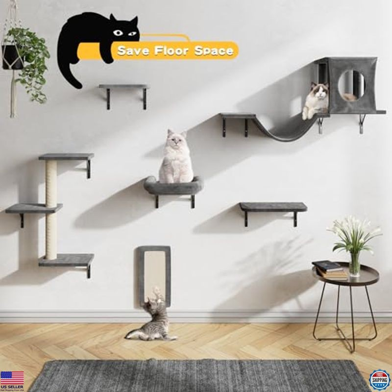 Luxury Cat Wall Shelves Set, 6 Pcs Indoor Climber with Condo, Scratching Pad,