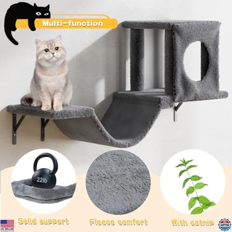 Luxury Cat Wall Shelves Set, 6 Pcs Indoor Climber with Condo, Scratching Pad,