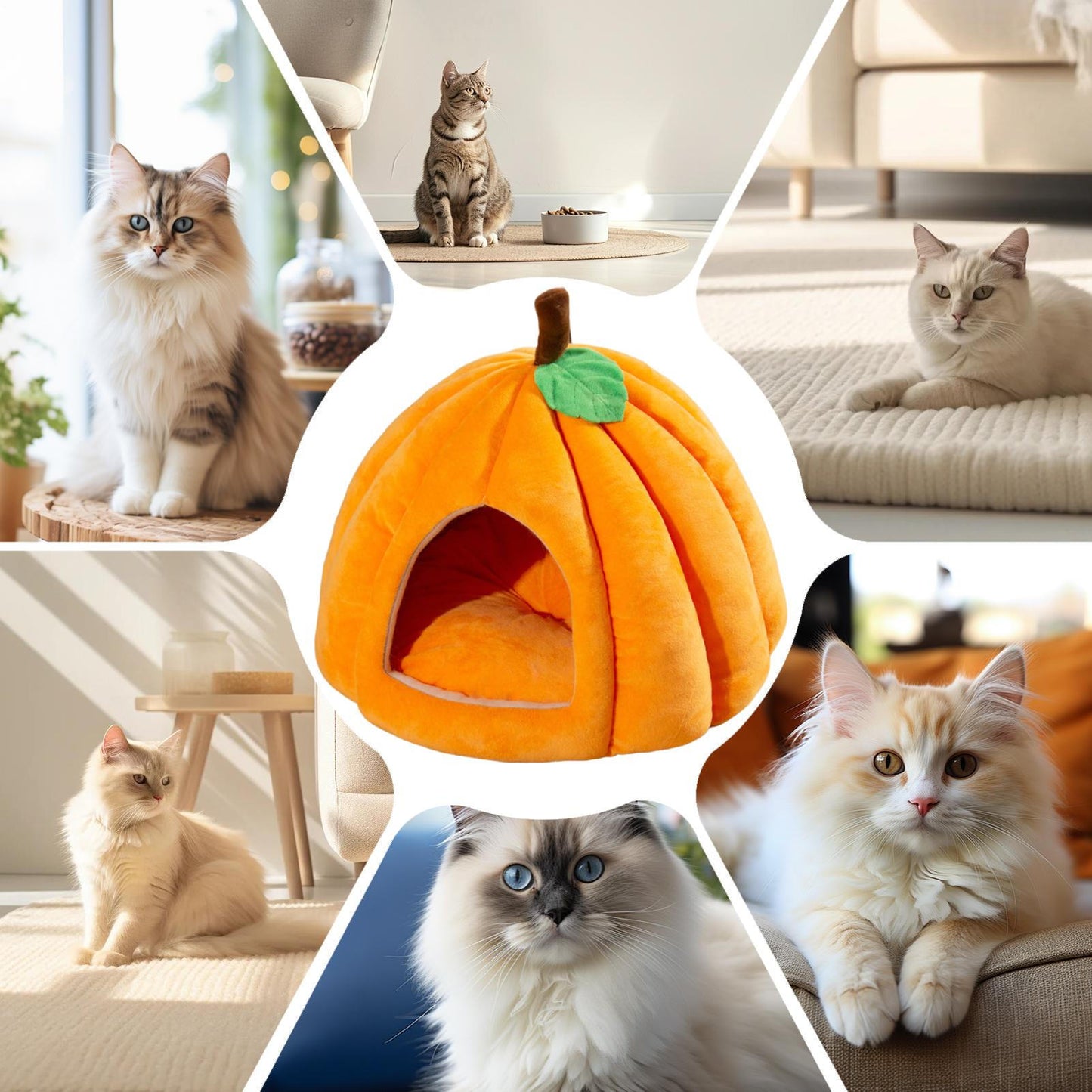 Pumpkin Cat Bed Cute Halloween Cat House Warm Pet Cave Semi-Enclosed Sleeping