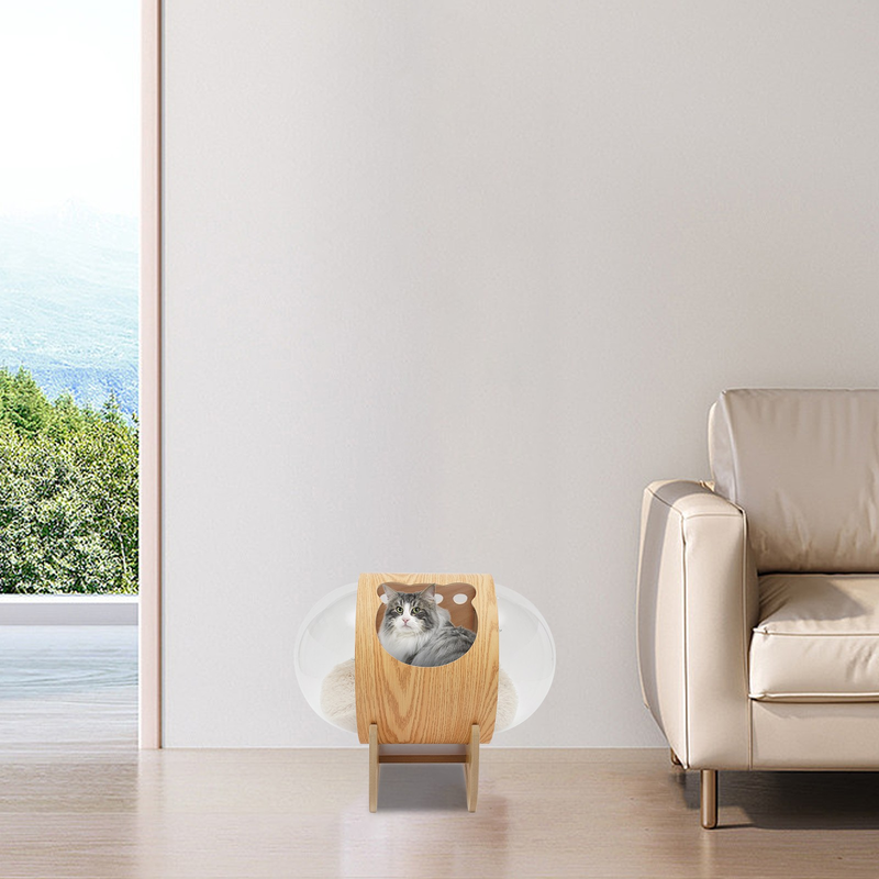 Wooden Spaceship Cat Bed House with Cushion, Modern Pet Bed 18.7lbs Capacity
