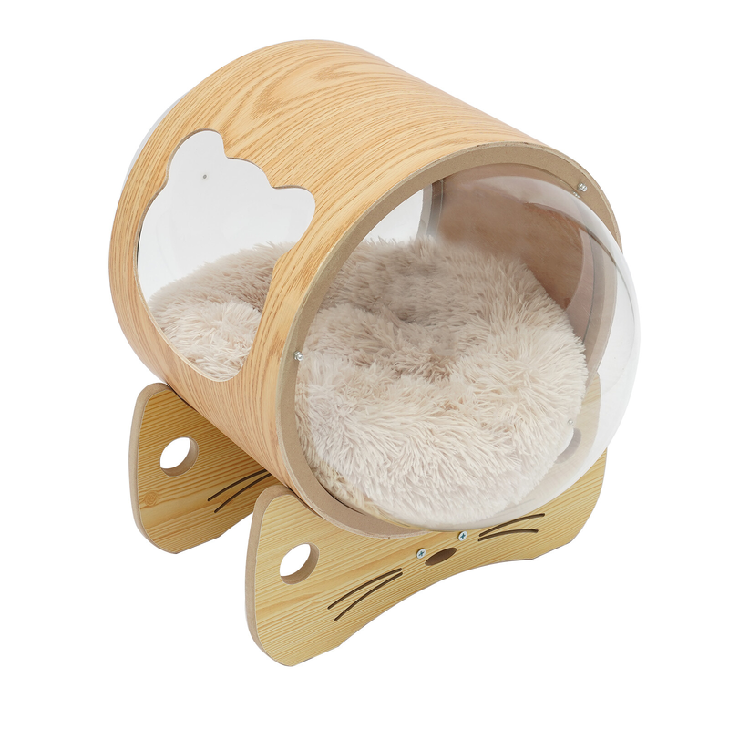 Wooden Spaceship Cat Bed House with Cushion, Modern Pet Bed 18.7lbs Capacity
