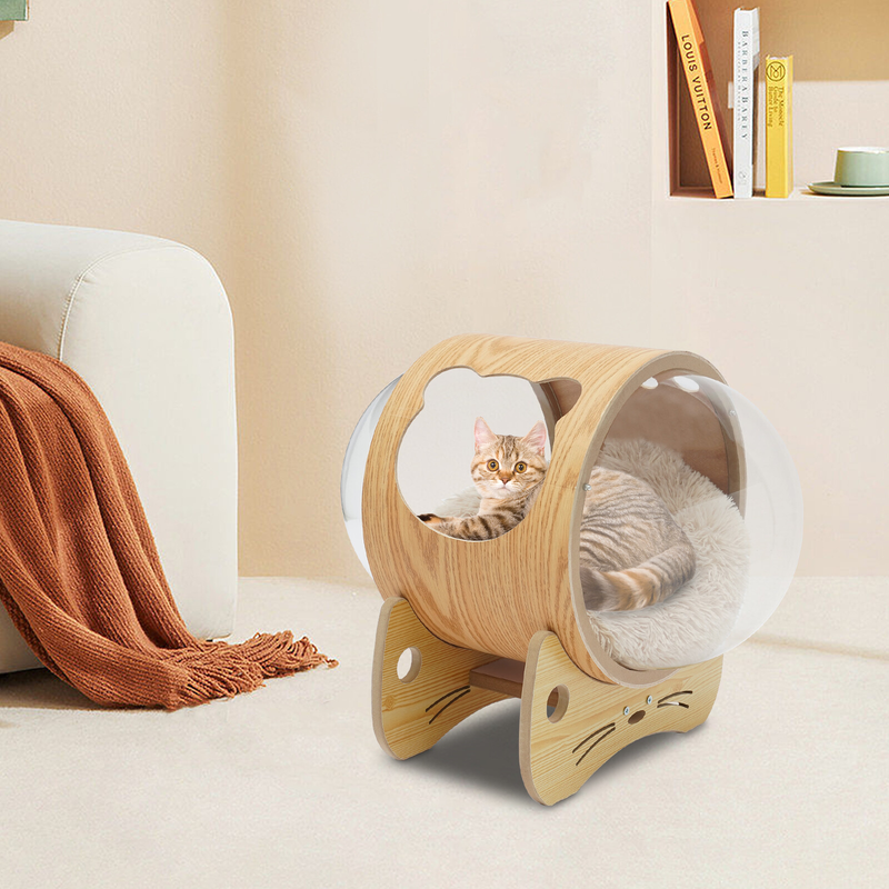 Wooden Spaceship Cat Bed House with Cushion, Modern Pet Bed 18.7lbs Capacity