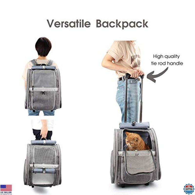 Pet Rolling Carrier Backpack with Wheels for Dogs, Cats & Puppies - Grey Trolley