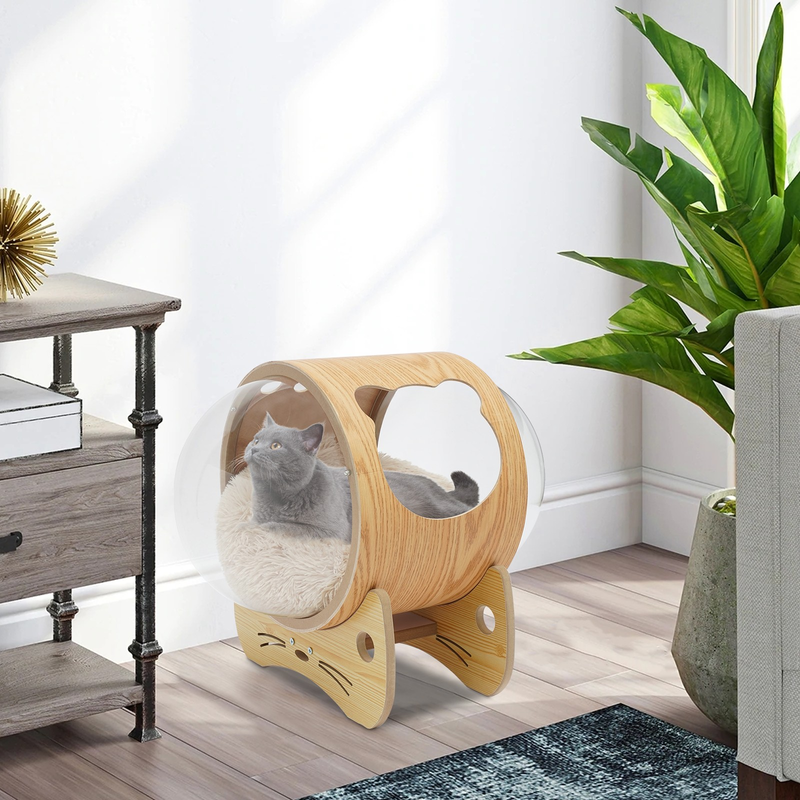 Wooden Spaceship Cat Bed House with Cushion, Modern Pet Bed 18.7lbs Capacity