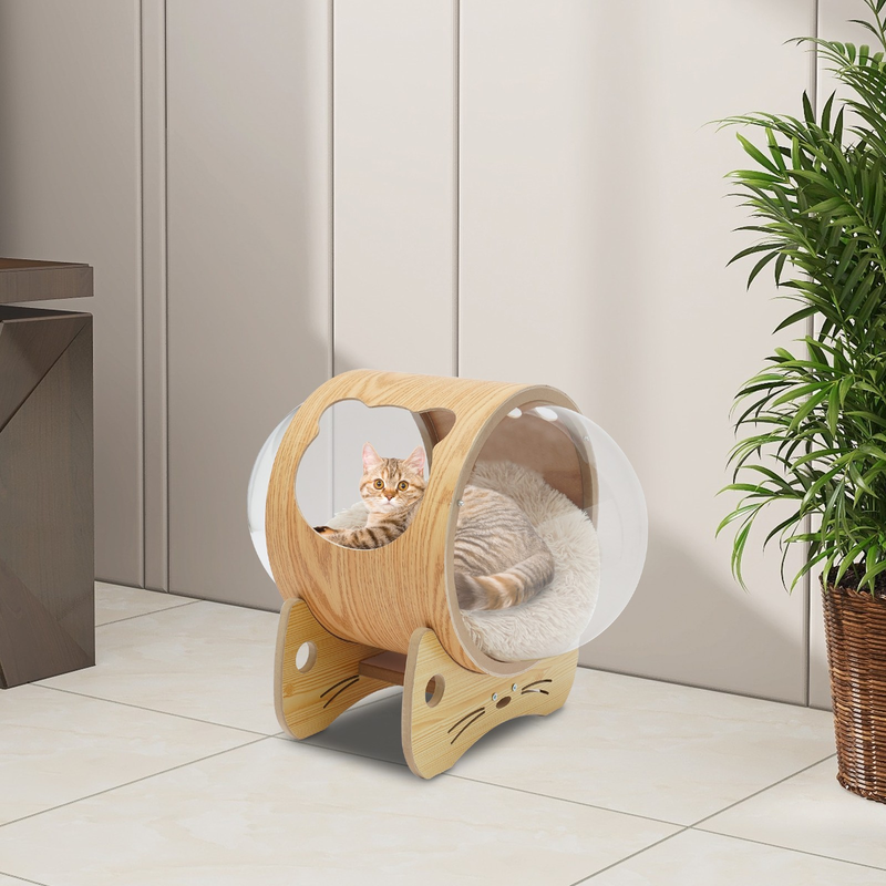 Wooden Spaceship Cat Bed House with Cushion, Modern Pet Bed 18.7lbs Capacity