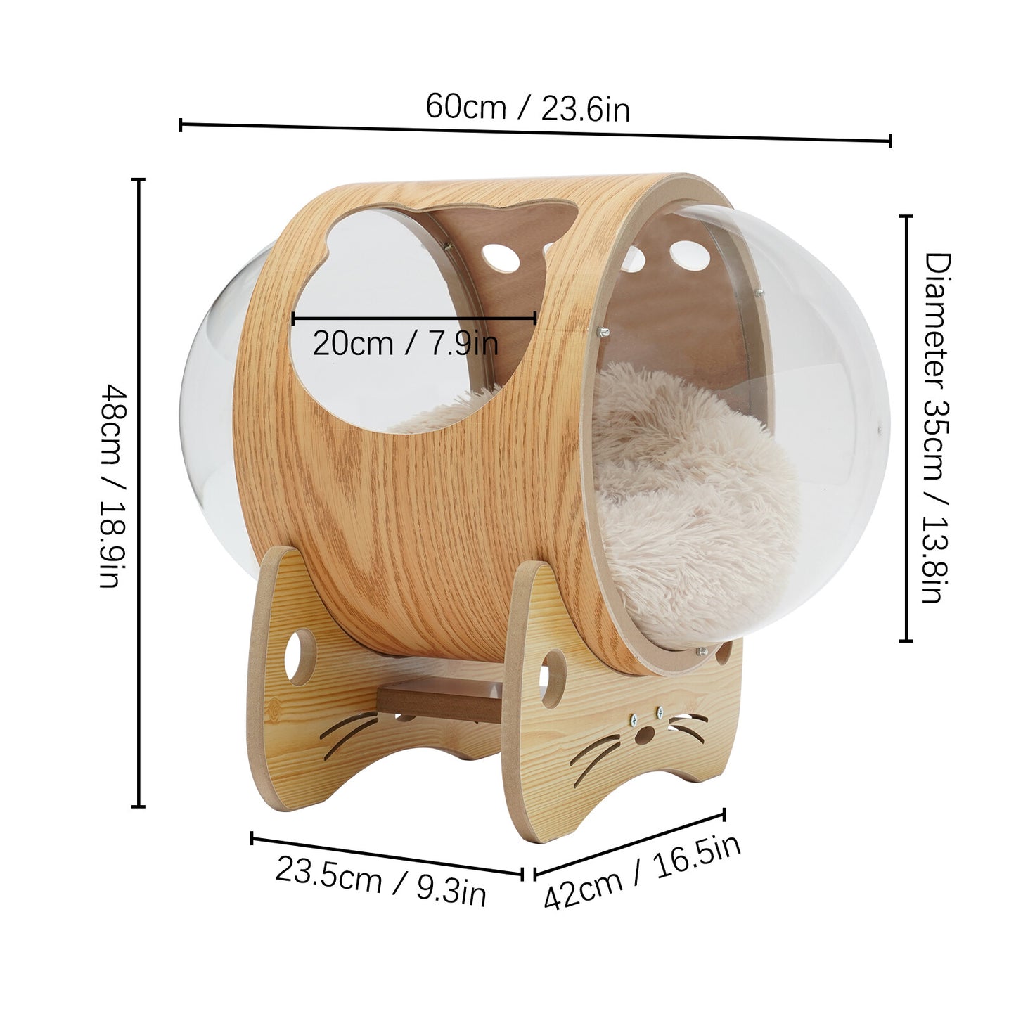 Wooden Spaceship Cat Bed House with Cushion, Modern Pet Bed 18.7lbs Capacity