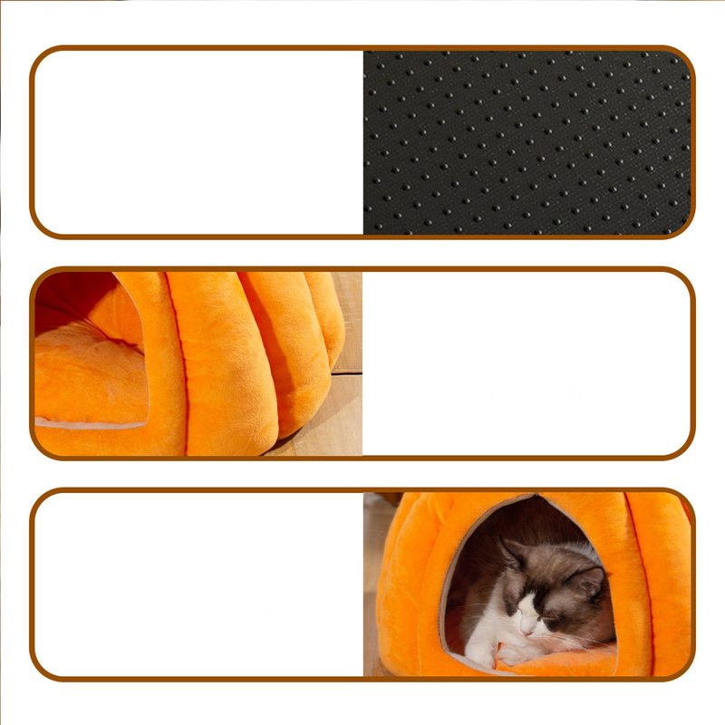 Pumpkin Cat Bed Cute Halloween Cat House Warm Pet Cave Semi-Enclosed Sleeping