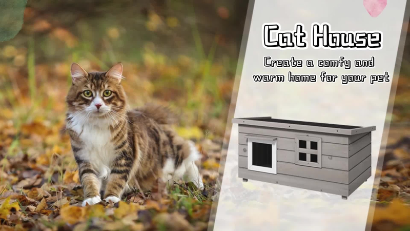 PawHut Outdoor Wooden Cat House with Openable Top, Asphalt Roof, Window, Grey