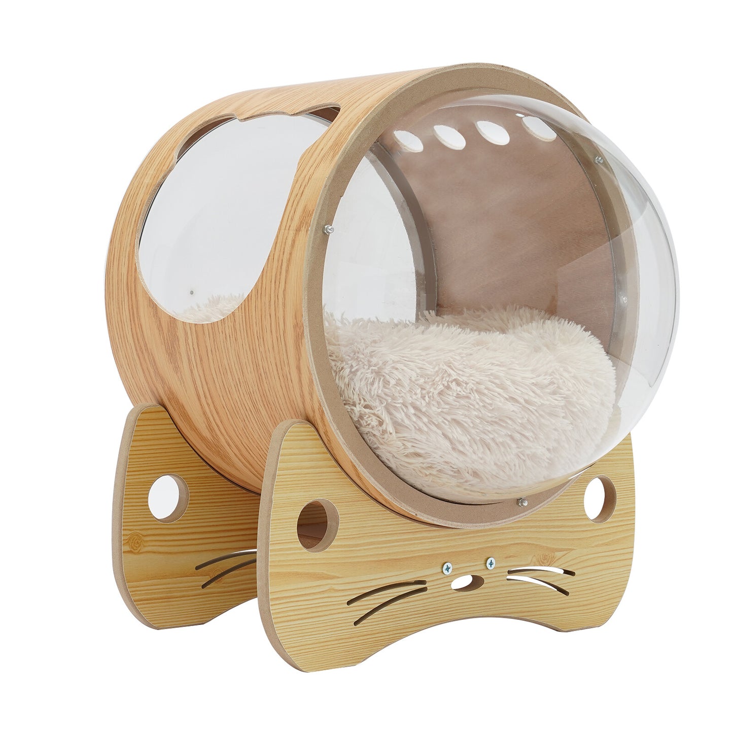 Wooden Spaceship Cat Bed House with Cushion, Modern Pet Bed 18.7lbs Capacity