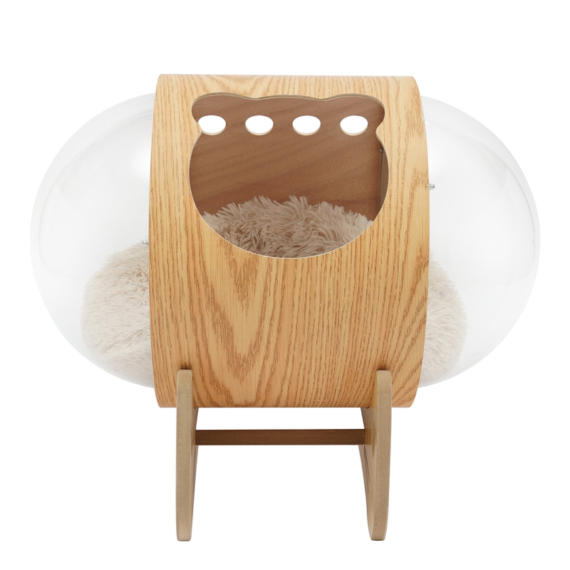 Wooden Spaceship Cat Bed House with Cushion, Modern Pet Bed 18.7lbs Capacity