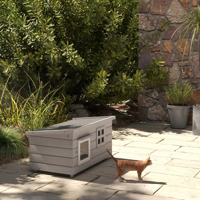 PawHut Outdoor Wooden Cat House with Openable Top, Asphalt Roof, Window, Grey