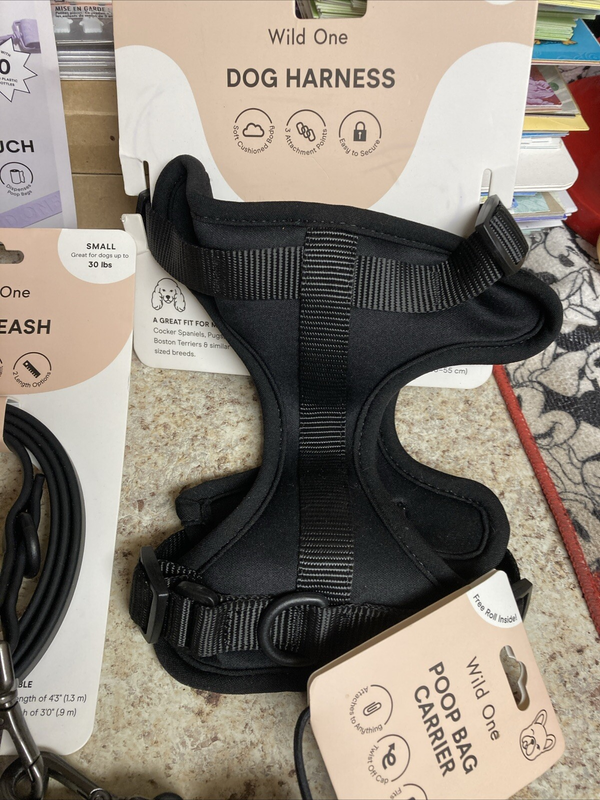 Wild One Dog Harness Leash Collar Poop Bag Treat Bag Matching Small Black 