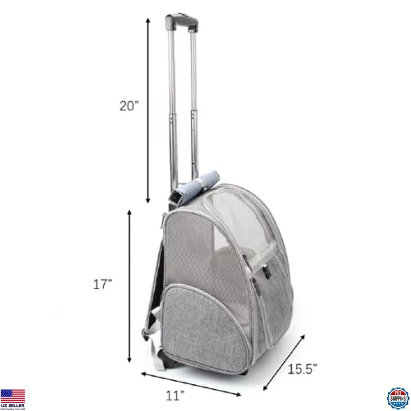 Pet Rolling Carrier Backpack with Wheels for Dogs, Cats & Puppies - Grey Trolley