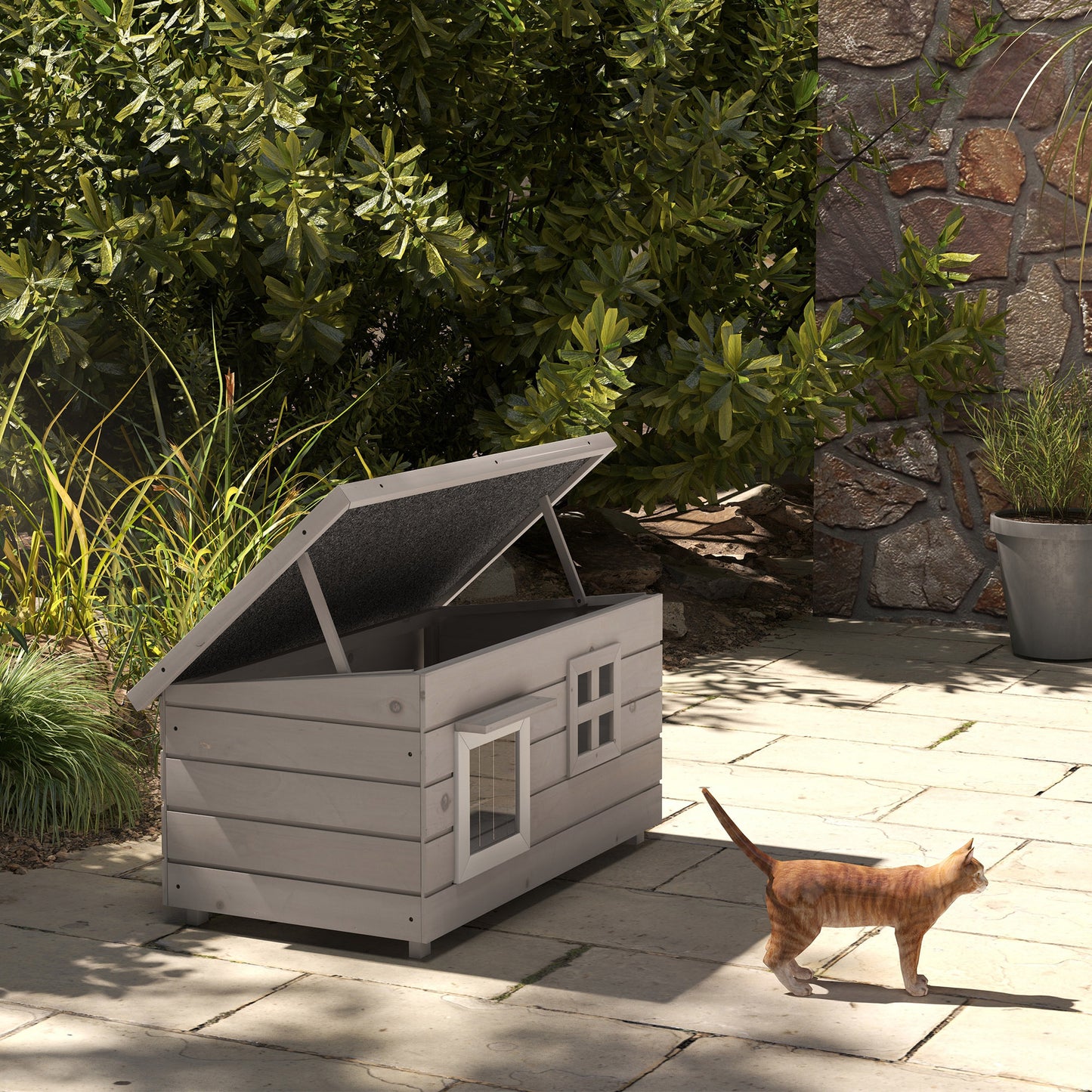 PawHut Outdoor Wooden Cat House with Openable Top, Asphalt Roof, Window, Grey