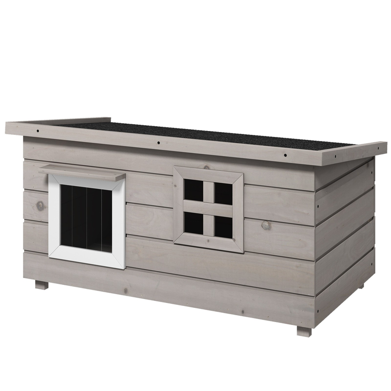 PawHut Outdoor Wooden Cat House with Openable Top, Asphalt Roof, Window, Grey