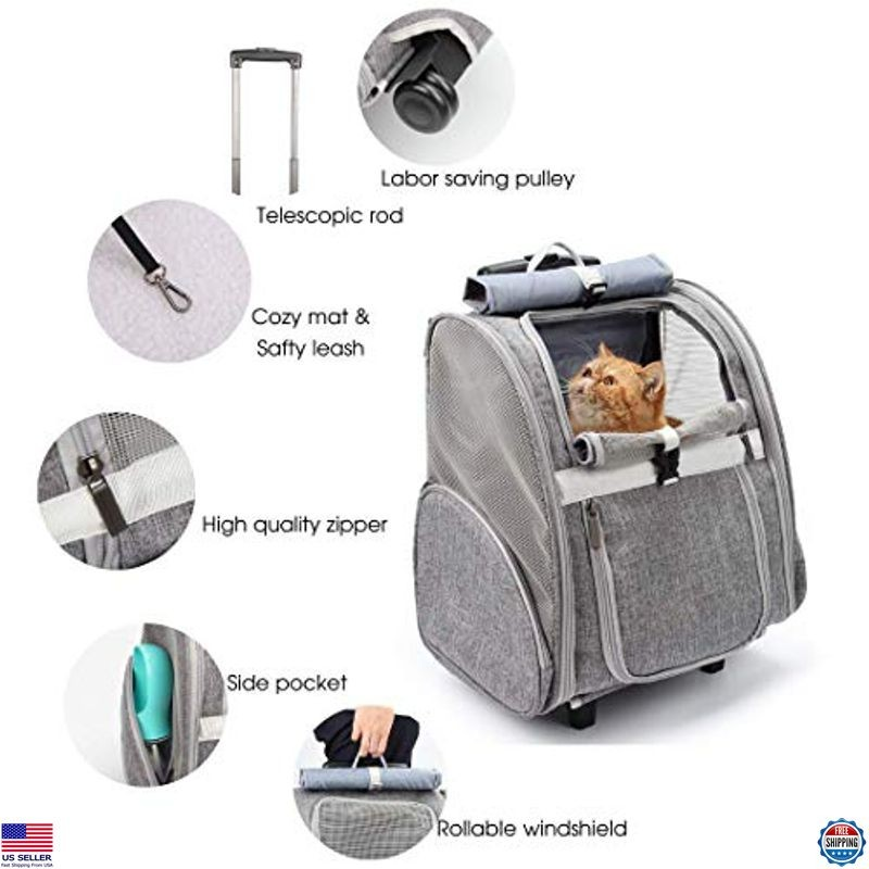 Pet Rolling Carrier Backpack with Wheels for Dogs, Cats & Puppies - Grey Trolley