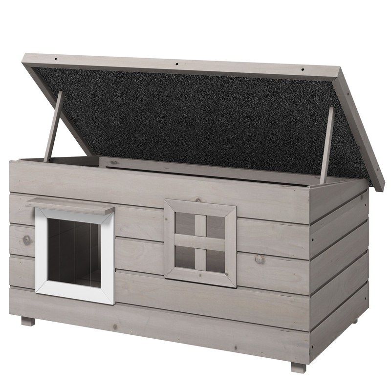 PawHut Outdoor Wooden Cat House with Openable Top, Asphalt Roof, Window, Grey
