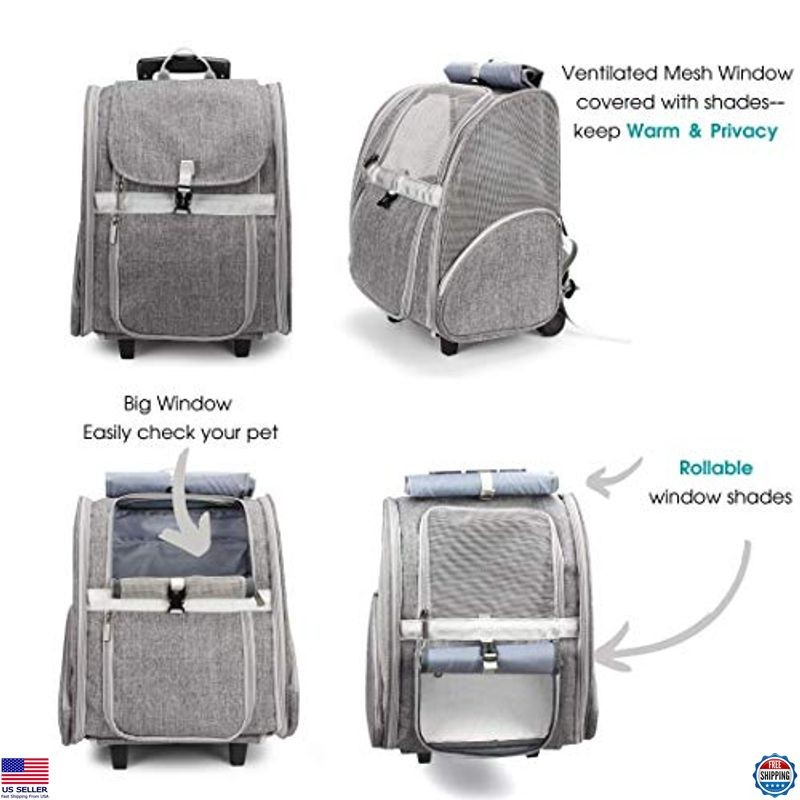 Pet Rolling Carrier Backpack with Wheels for Dogs, Cats & Puppies - Grey Trolley