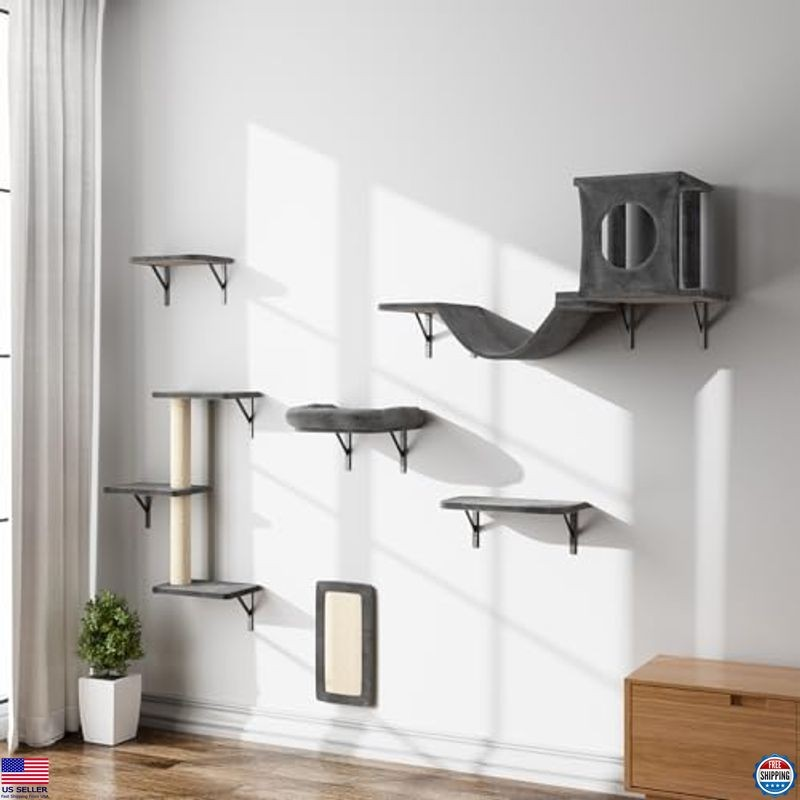 Luxury Cat Wall Shelves Set, 6 Pcs Indoor Climber with Condo, Scratching Pad,