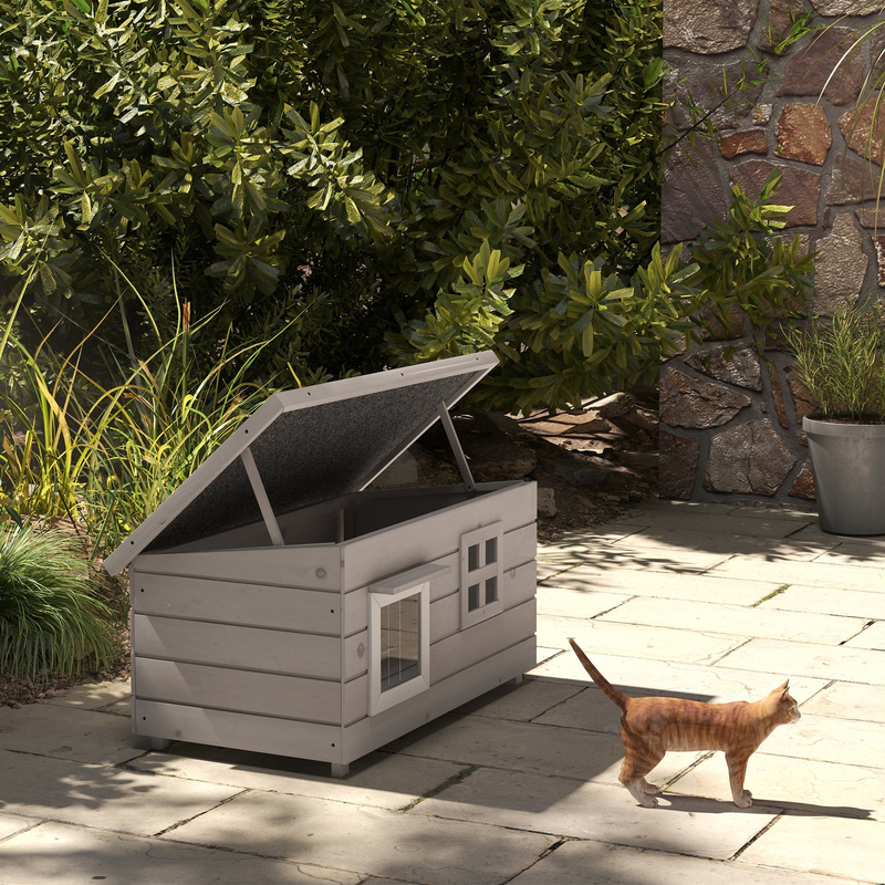 PawHut Outdoor Wooden Cat House with Openable Top, Asphalt Roof, Window, Grey