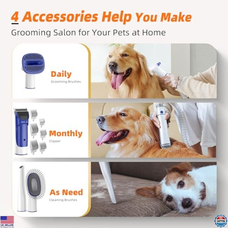 Pet Grooming Kit with Vacuum, Low Noise Clipper & Shedding Brush for Dogs/Cats