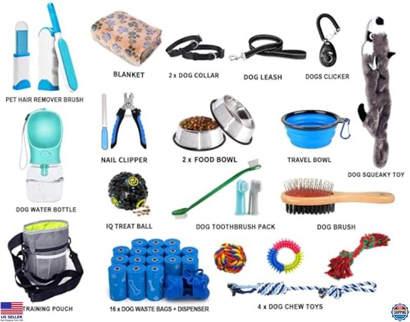 39-Piece Puppy Starter Kit - Leash, Toys, Bowl, Brushes & More Essentials