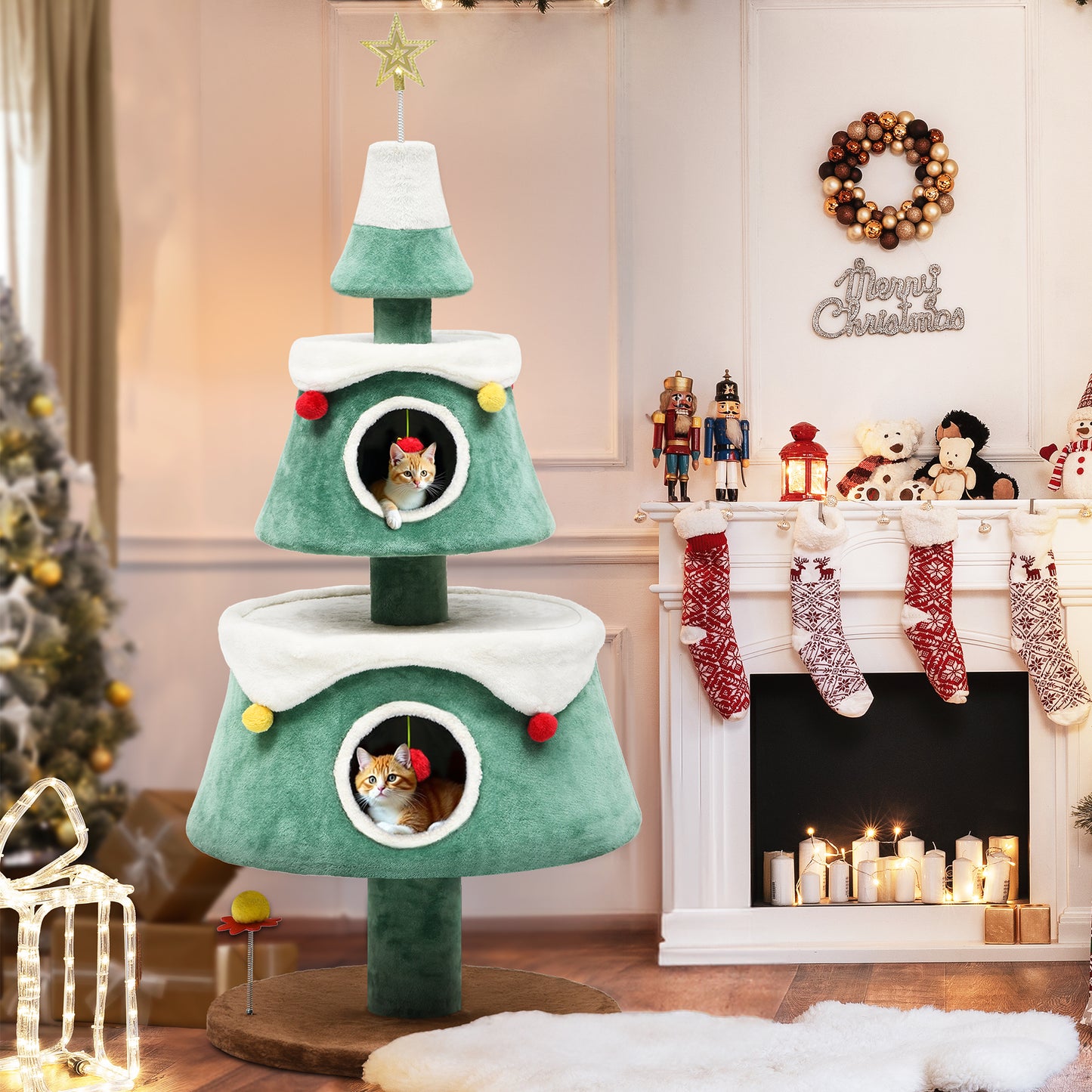 Christmas Cat Tree with Cat House Cat Tower for Indoor Cats with Cat Condos