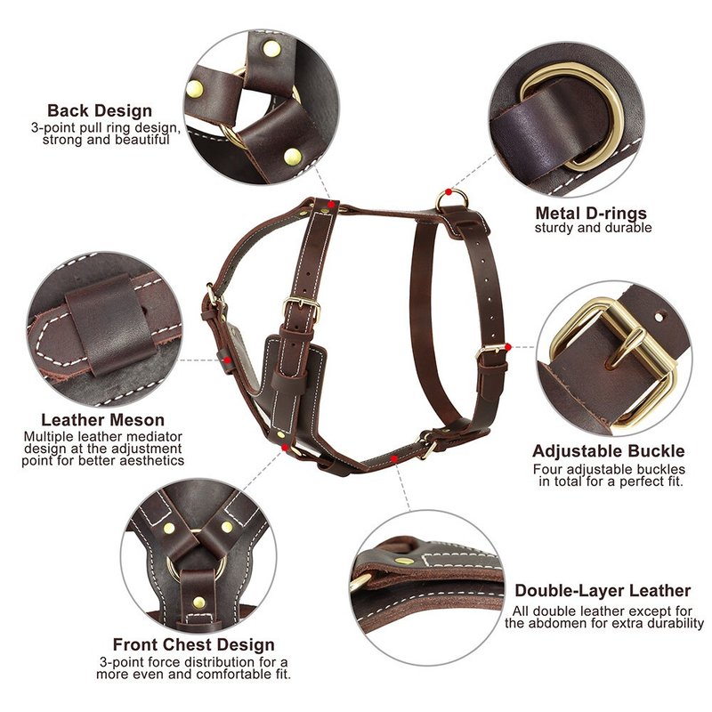 Strong Genuine Leather Dog Harness Adjustable for Large Breeds Pitbull Mastiff