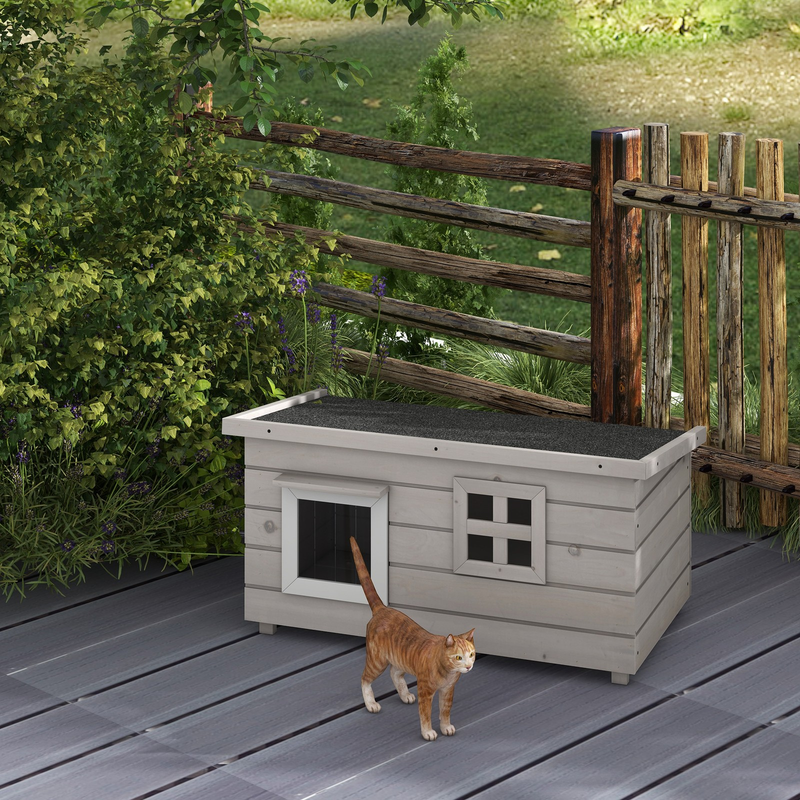 PawHut Outdoor Wooden Cat House with Openable Top, Asphalt Roof, Window, Grey
