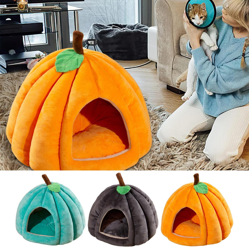 Pumpkin Cat Bed Cute Halloween Cat House Warm Pet Cave Semi-Enclosed Sleeping