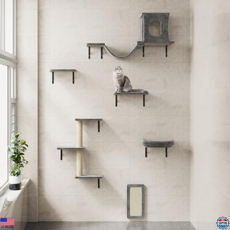 Luxury Cat Wall Shelves Set, 6 Pcs Indoor Climber with Condo, Scratching Pad,