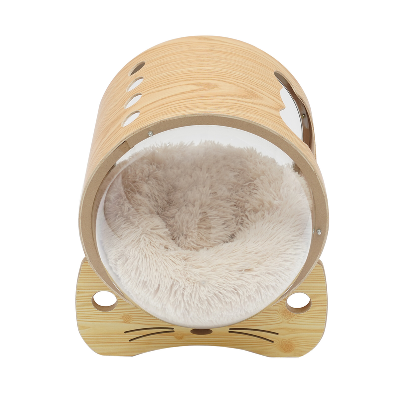 Wooden Spaceship Cat Bed House with Cushion, Modern Pet Bed 18.7lbs Capacity
