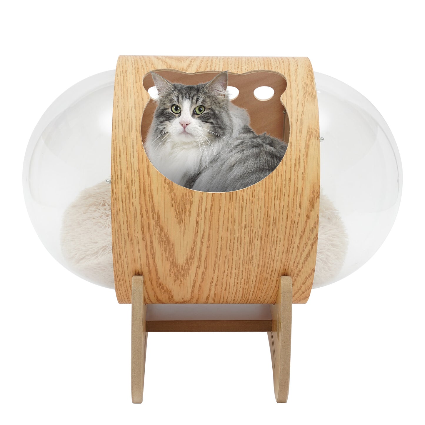 Wooden Spaceship Cat Bed House with Cushion, Modern Pet Bed 18.7lbs Capacity