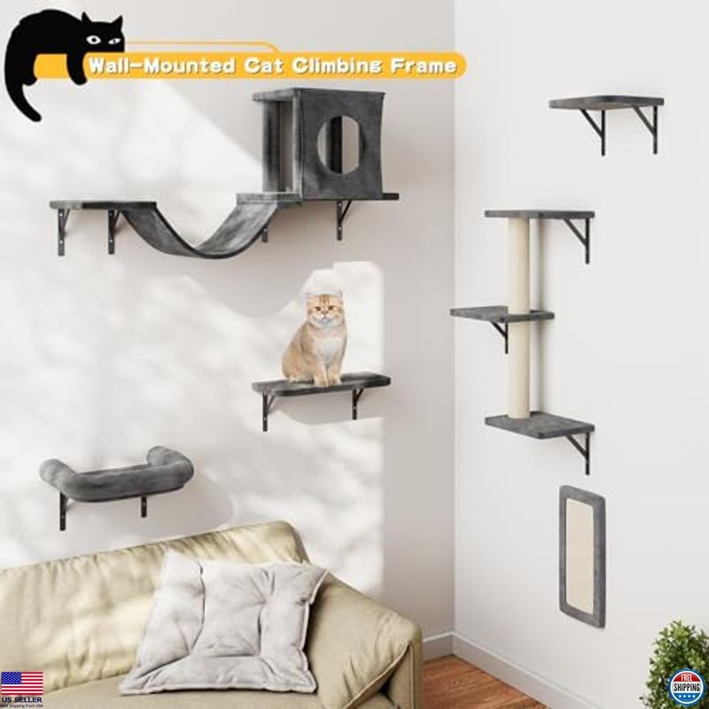 Luxury Cat Wall Shelves Set, 6 Pcs Indoor Climber with Condo, Scratching Pad,