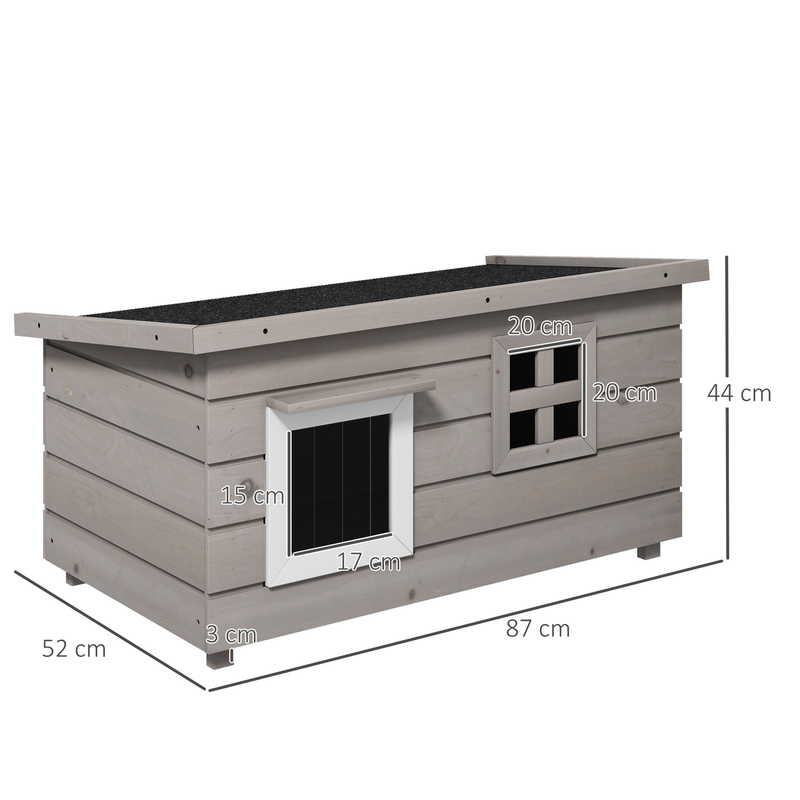 PawHut Outdoor Wooden Cat House with Openable Top, Asphalt Roof, Window, Grey