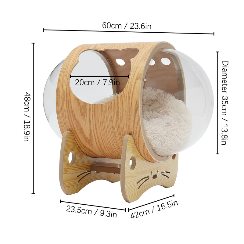 Wooden Spaceship Cat Bed House with Cushion, Modern Pet Bed 18.7lbs Capacity