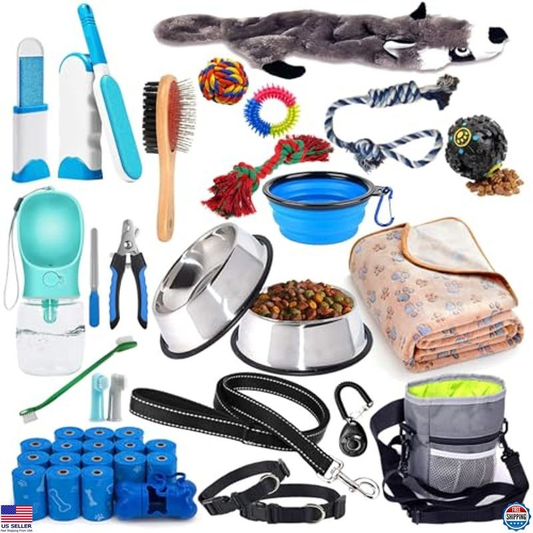 39-Piece Puppy Starter Kit - Leash, Toys, Bowl, Brushes & More Essentials
