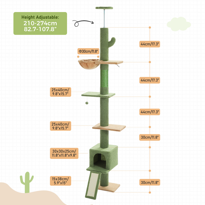 PAWZ Road Cactus Floor to Ceiling Cat Tree Tower Cat Scratching Post Scratcher