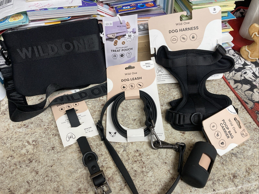 Wild One Dog Harness Leash Collar Poop Bag Treat Bag Matching Small Black ‍