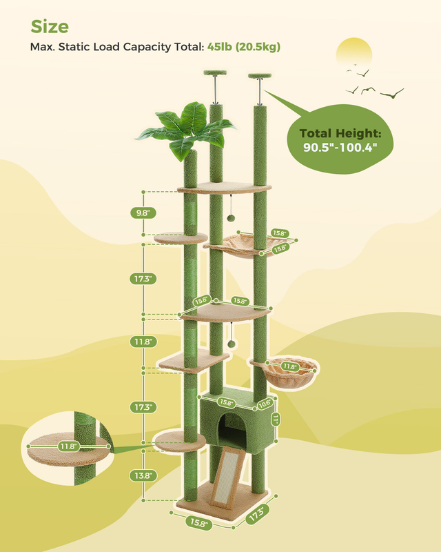 PAWZ Road Cat Tree Tower Floor to Ceiling Scratcher Height Adjustable 91''~100"