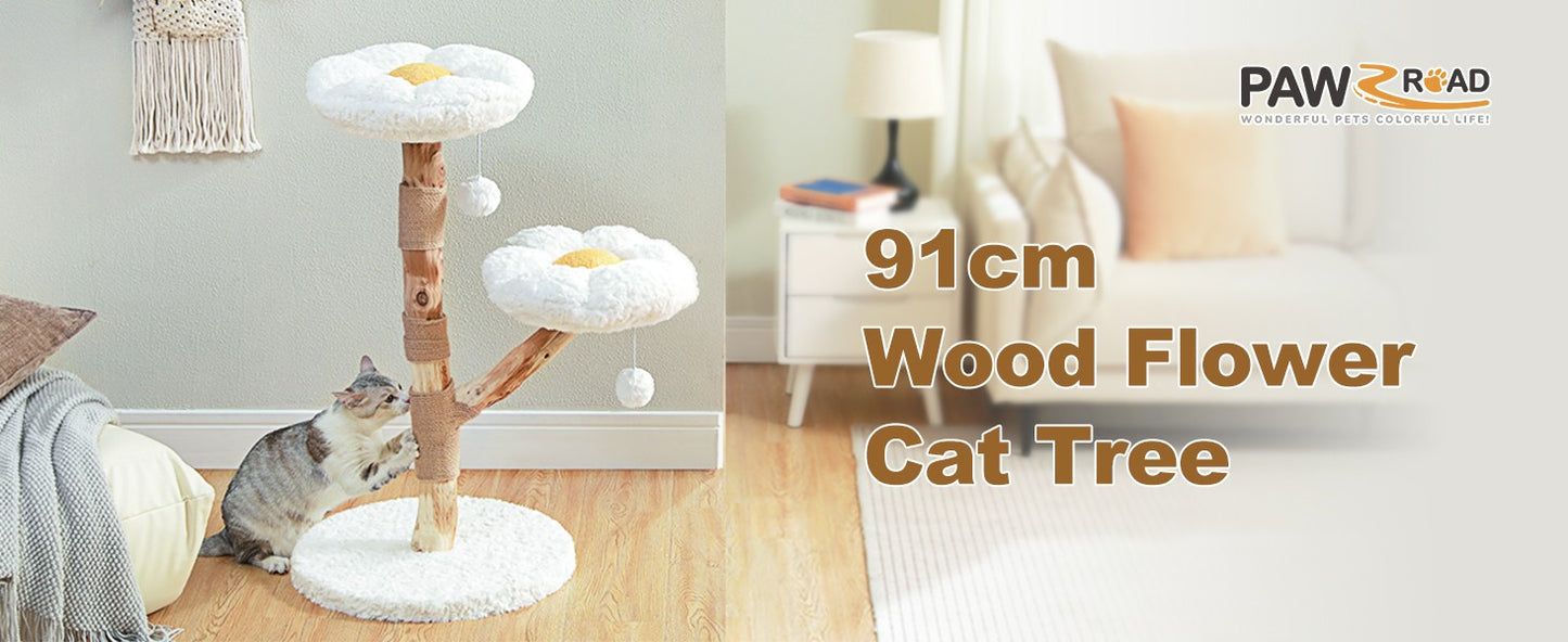 PAWZ Road Wood Flower Cat Tree Scratching Post with Real Branches&2 Perches Toys